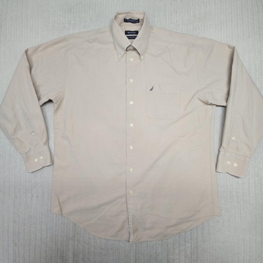 Vintage Nautica Shirt Mens L Beige Solid Button Down Long Sleeve Oxford Casual